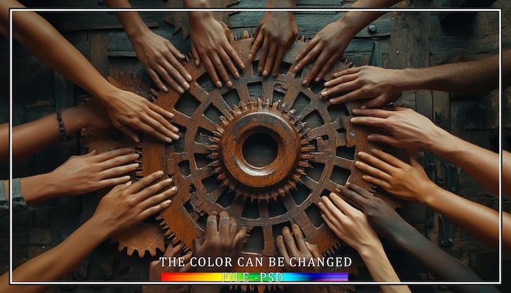 PSD diverse hands reach towards a large wooden gear symbolizing teamwork and collaboration