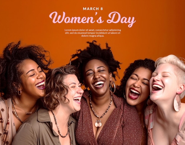 PSD diverse multiethnic group of cheerful women laughing on a studio background celebrating womens day