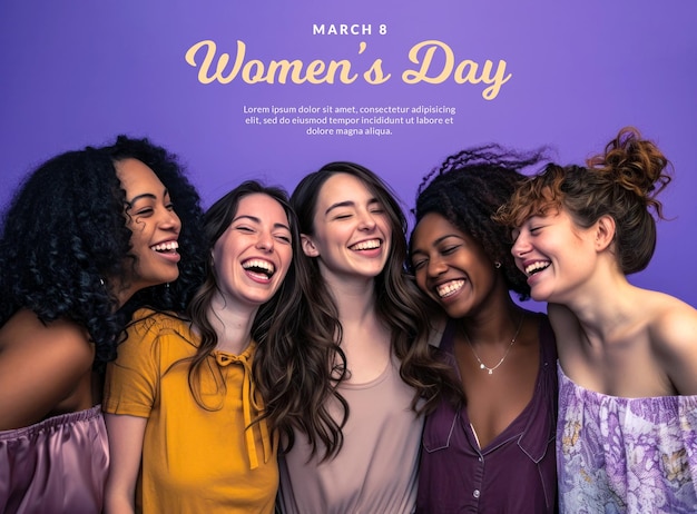 PSD diverse multiethnic group of cheerful women laughing on a studio background celebrating womens day