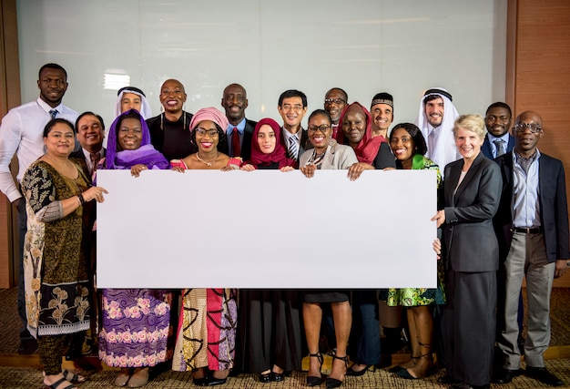 Diverse people show board placard copy space