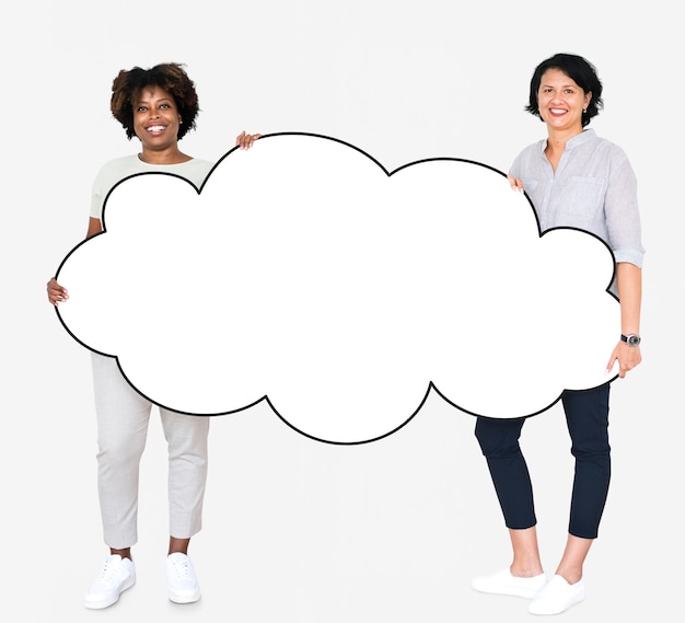 Diverse people showing a blank white cloud