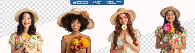 PSD diverse set of joyful women with flowers