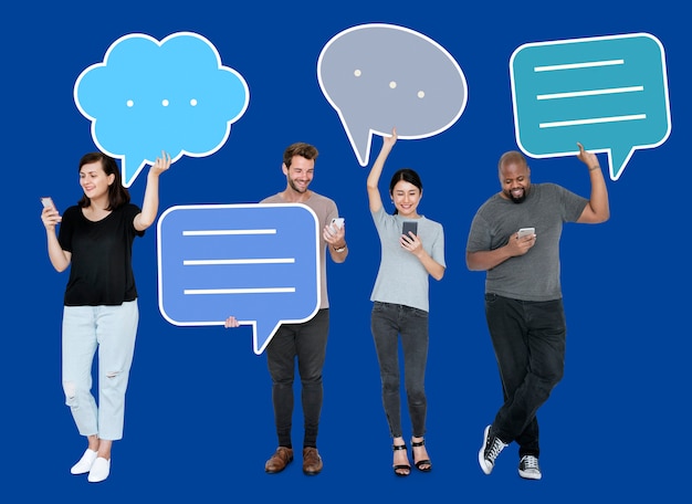 Diverse social media people holding speech bubble symbols