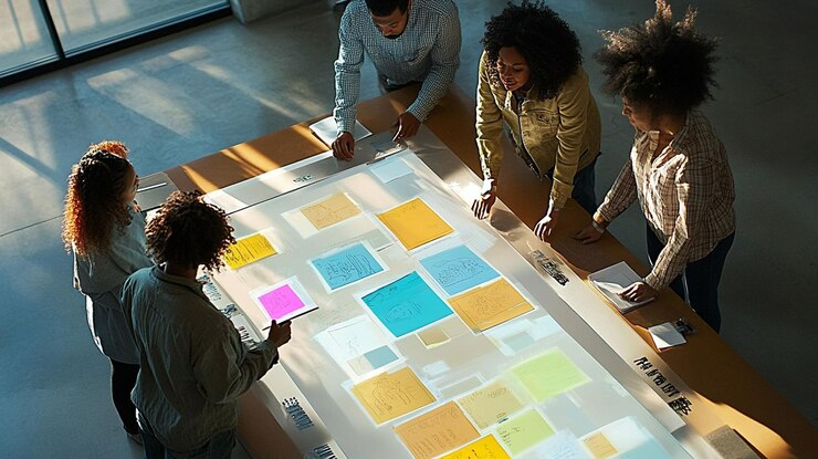 PSD diverse team collaborates on a large interactive table brainstorming with colorful sticky notes