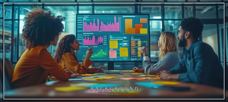 PSD a diverse team of four people are gathered around a table looking at data on a large monitor while