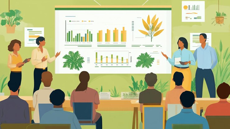 PSD diverse team presenting agricultural data via charts and graphs to an audience