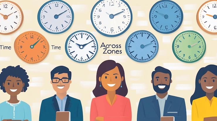 PSD diverse team smiles many clocks show global time zones
