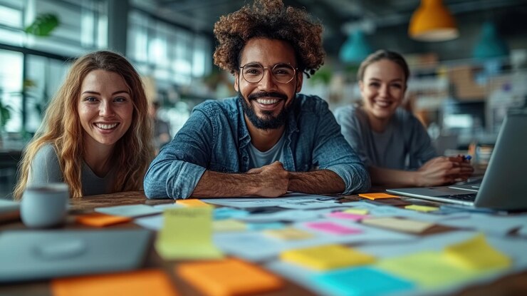 PSD a diverse team of three young professionals smile at the camera while working together at a table in a modern office space