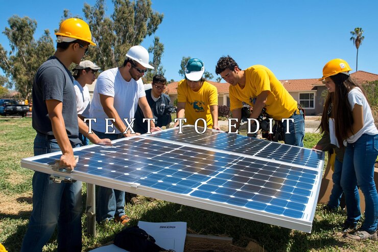 PSD diverse team of young adults installing solar panels outdoors on sunny day