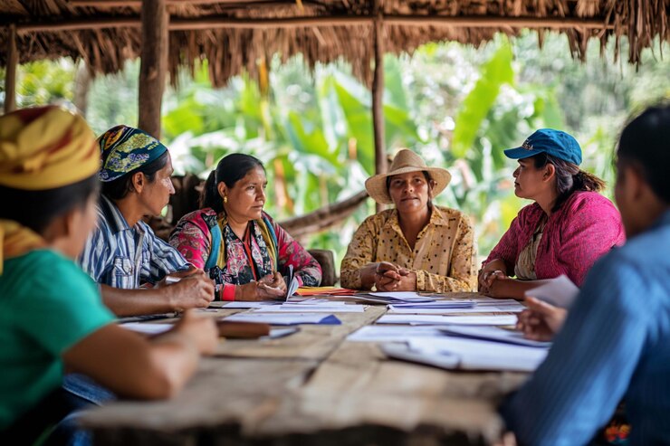 PSD diverse women in a rural setting seated around a table engaging in a discussion
