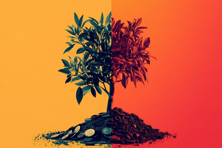 PSD divided tree of growth with coins in the soil symbolizing contrasting forces