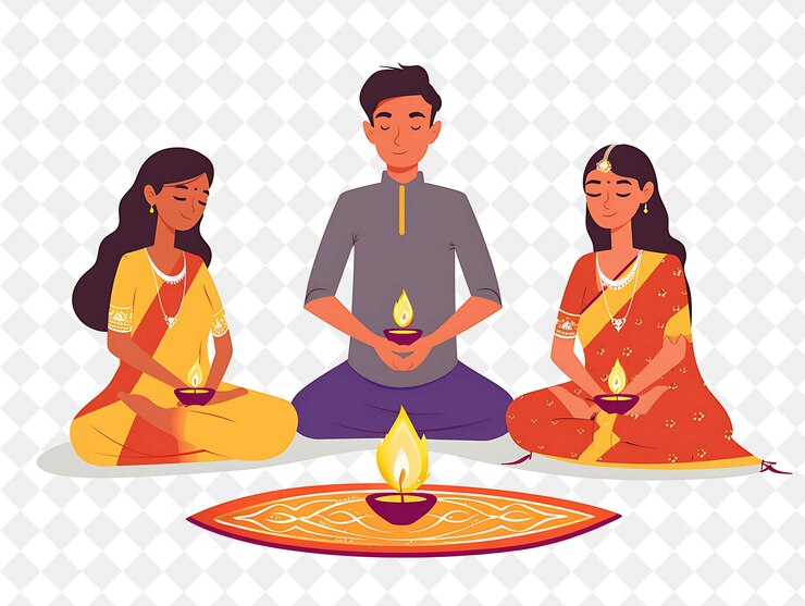 PSD diwali celebration with characters lighting oil lamps design png festival 2d flat art illustrations