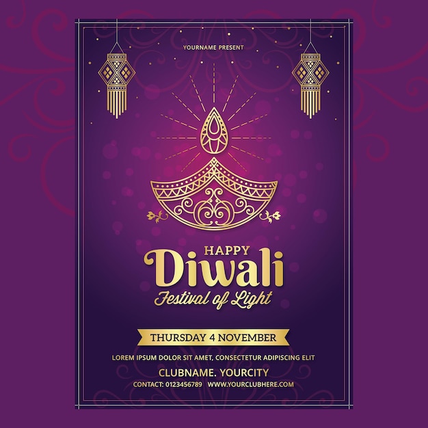 PSD diwali festival flyer ready for print in purple color