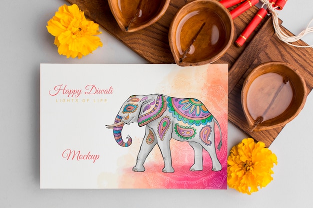 Diwali festival holiday mock-up elephant flat lay