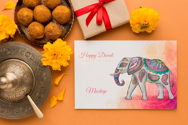 Elefante e confezione regalo di diwali festival holiday mock-up