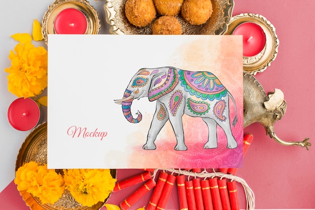 PSD diwali festival holiday mock-up elephant top view