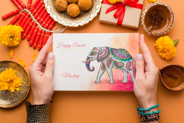 diwali festival holiday mock-up top view