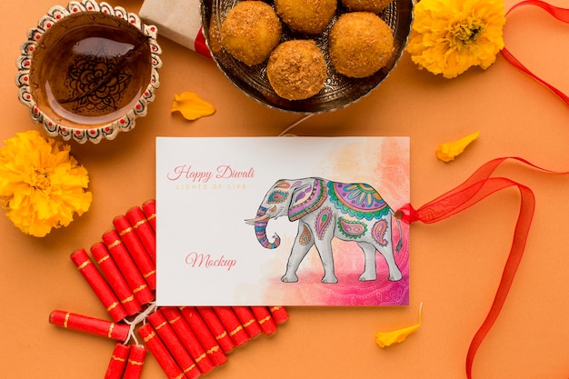 Diwali festival mock-up olifant tekening kaart met lint