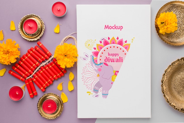 Diwali festival vakantie mock-up olifant en vuurwerk