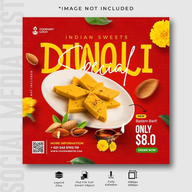 Шаблон поста в instagram для социальных сетей diwali special sweets