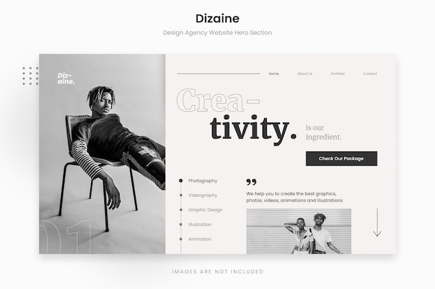 Dizaine - sezione eroe del sito web dell'agenzia di design monocromatica