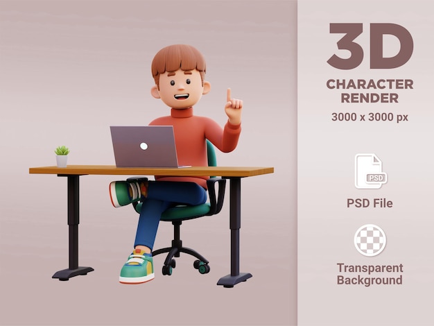 Dizüstü bilgisayarında çalışırken aklına bir fikir gelen 3D render erkek karakter