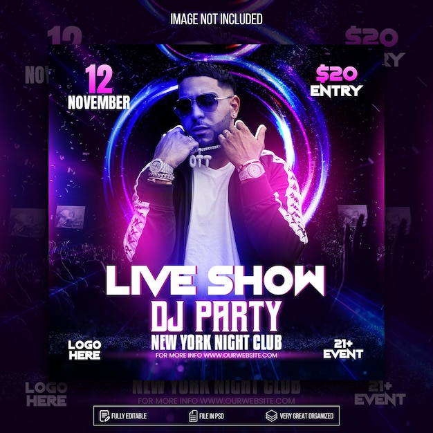 Dj club musica effetto neon volantino design electro party flyer design psd premium