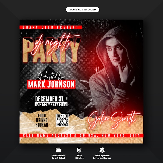 Dj club night party flyer en instagram post banner sjabloon