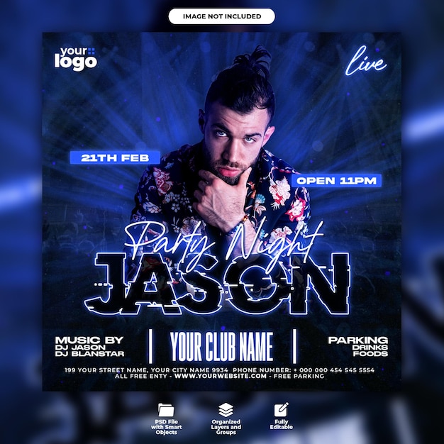 Dj club night party flyer en social media postsjabloon