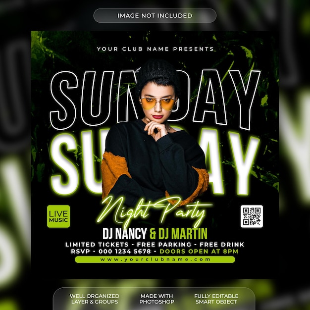 PSD dj club night party flyer or poster and social media post template