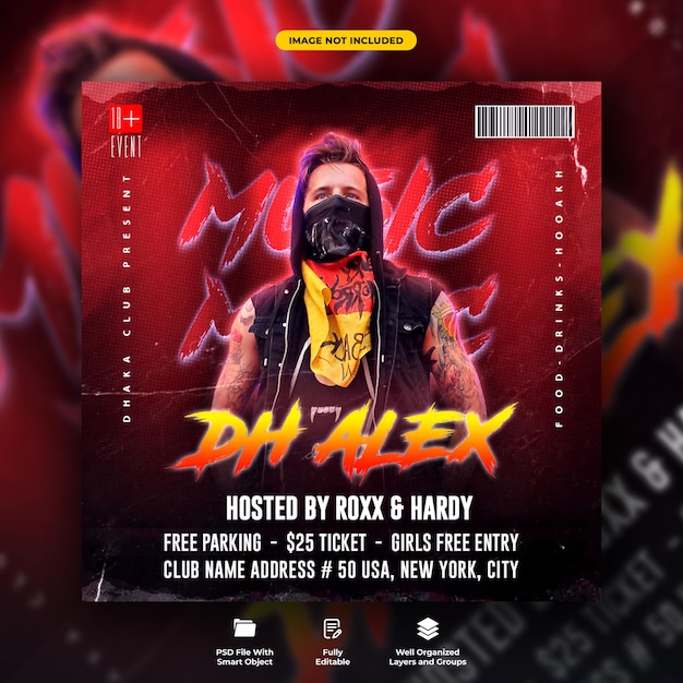 PSD dj club night party flyer and social media web banner template