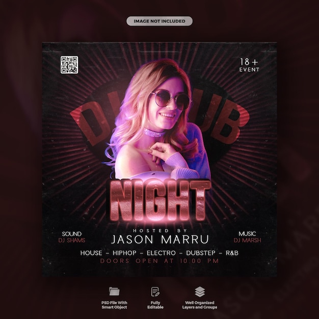 PSD modello di flyer di festa notturna del dj club e banner web dei social media