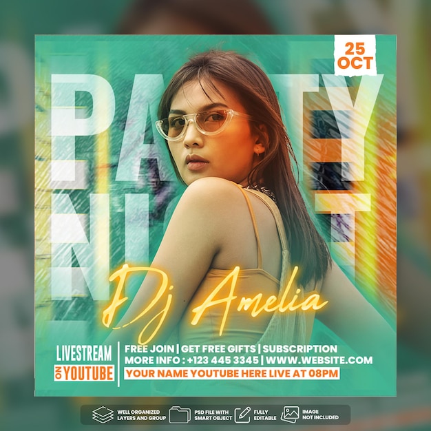 Шаблон сообщения в социальных сетях dj party night flyer premium psd