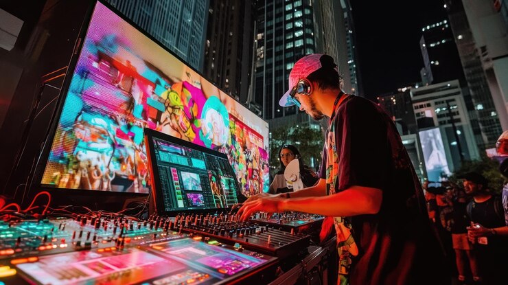 PSD 活気のある夜のイベントで演奏するdj