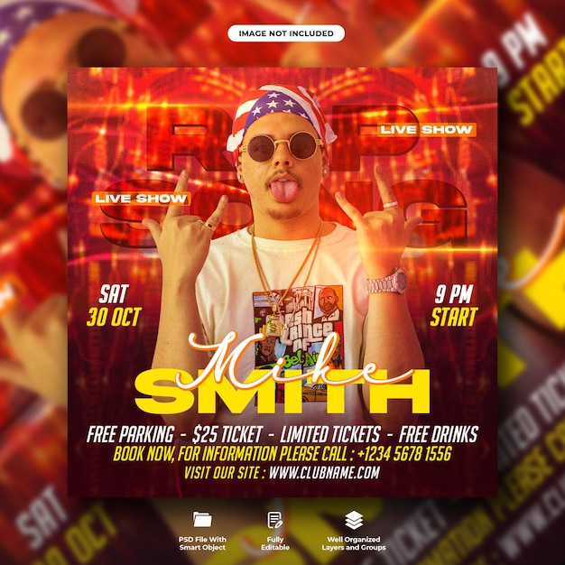 Dj rap song night party flyer e social media instagram post template