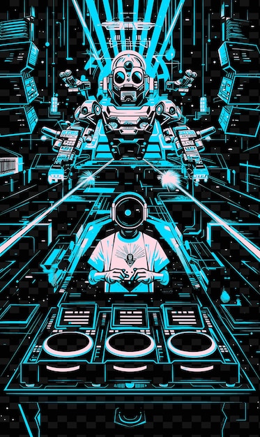 PSD dj w futurystycznym neonowym klubie z laserami i robotami post vector illustration music poster idea