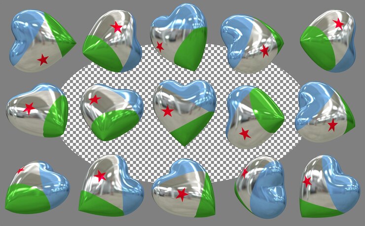 PSD 지부티 3d 심장 발: 고립된 다른 위치 3d 렌더링