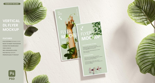 Dl flyer mockup for design presentation with plants on the background in flat lay 3d illustration