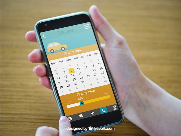 PSD dłoń trzymająca smartphone z aplikacją taxi