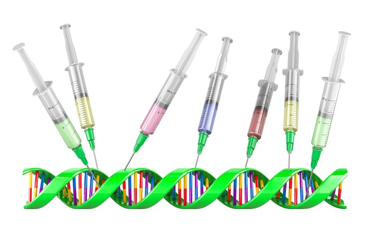 PSD dna spiral with syringes biotechnology research concept 3d rendering isolated on transparent background