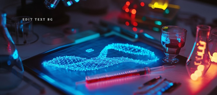 PSD dna strand digitally displayed on a tablet in a laboratory setting with lab equipment
