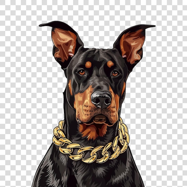 PSD doberman con spesso collare da cane a catena dorata su arte vettoriale isolata su sfondo trasparente png