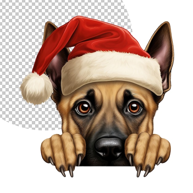 PSD dobermann dog peeking in christmas cap illustration on transparent background