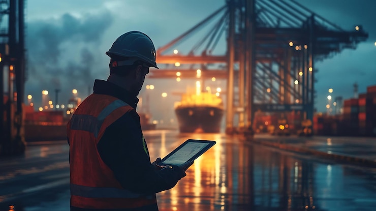 PSD a dockworker uses a tablet at night overlooking a cargo ship and cranes at a busy port