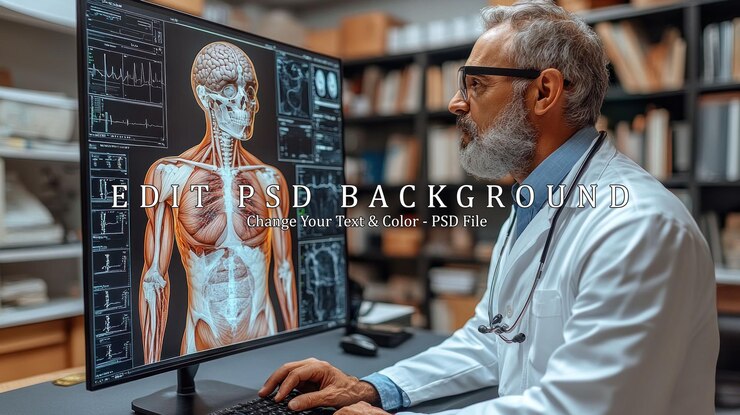 PSD doctor analyzing human anatomy on computer