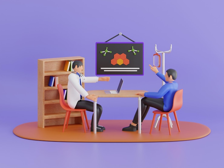 PSD doctor consultation 3d illustration patient in doctor office physician medical consulting