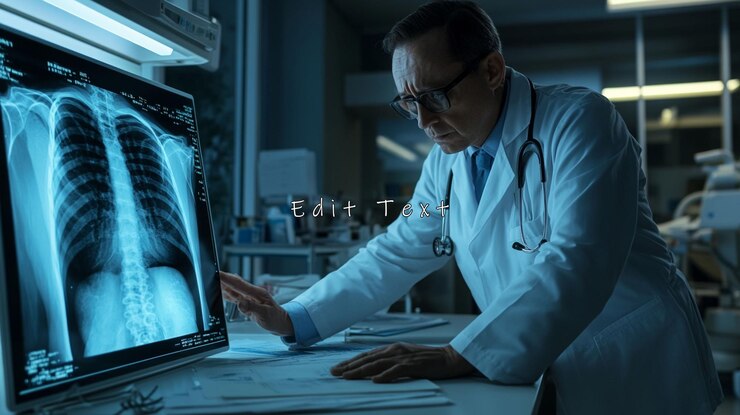 PSD doctor examining chest xray in dimly lit room