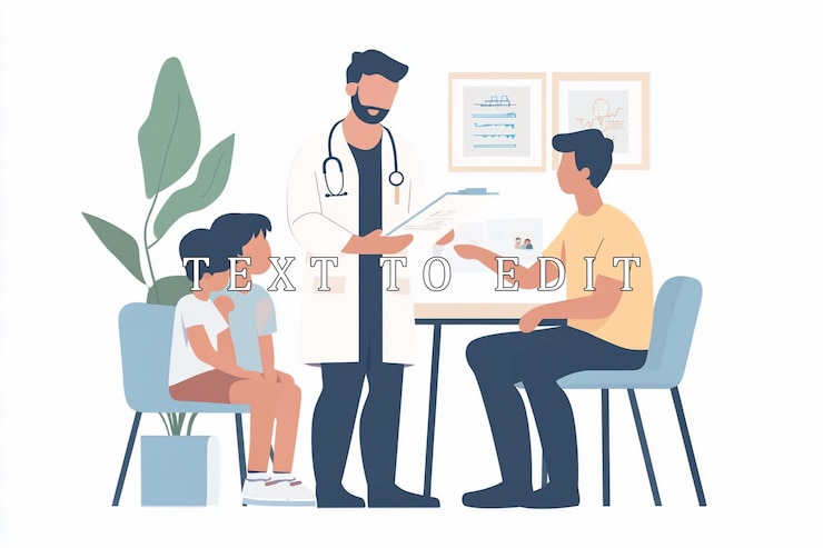 PSD doctor explaining medical records to a father and his two children in his office