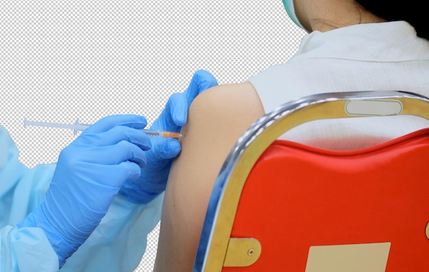 Doctor hands who is vaccinating on upper arm of young woman for build immunity infection