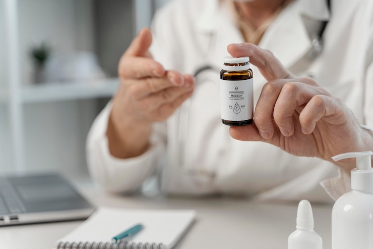 PSD doctor holding medicine bottle mockup